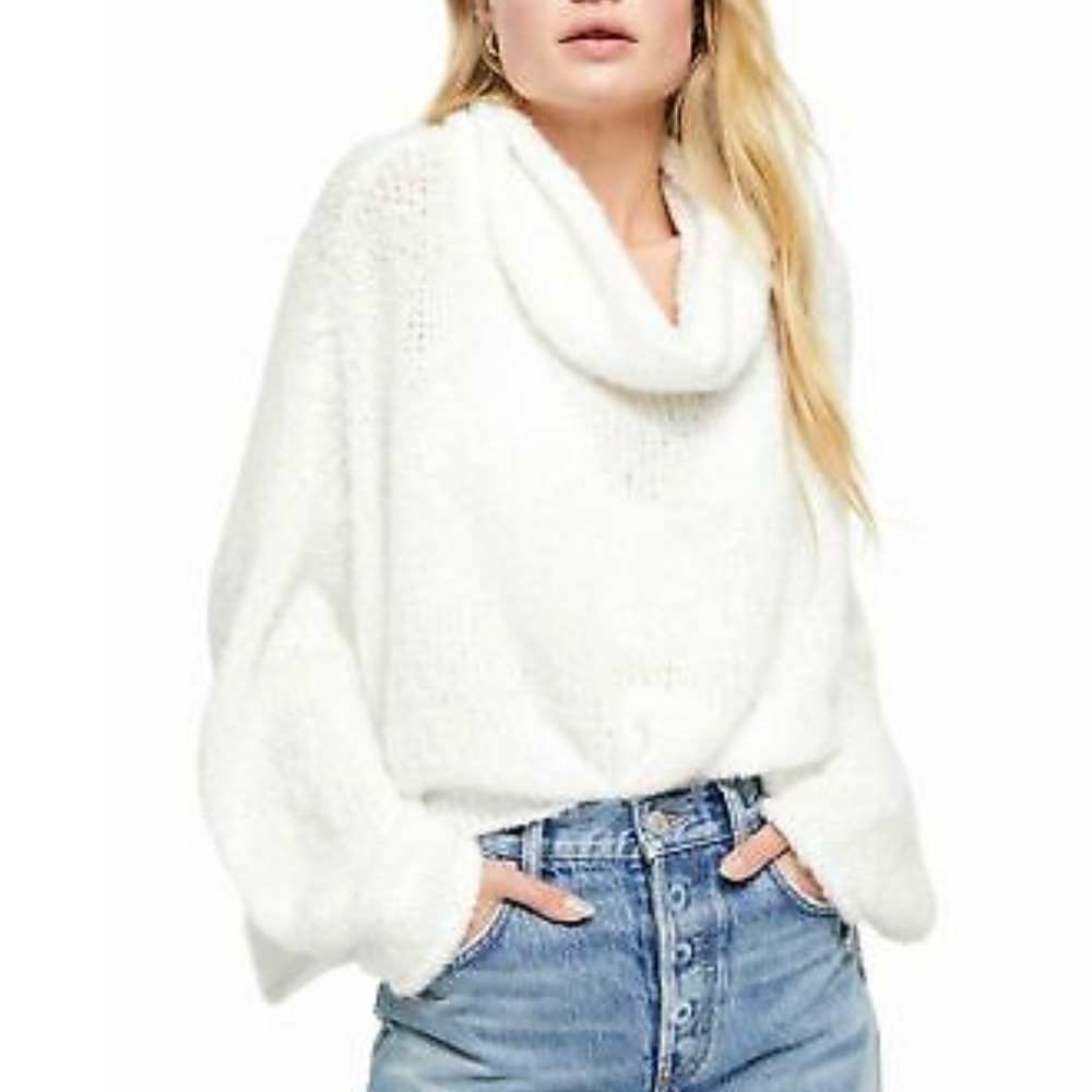Free People BFF‎ Cowl Neck Lightweight Sweater Oversized Relaxed Fit XL Ivory